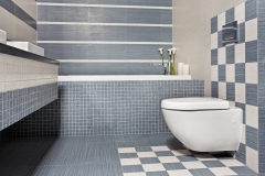 Modern bathroom in blue and gray tones with toilet and mosaic